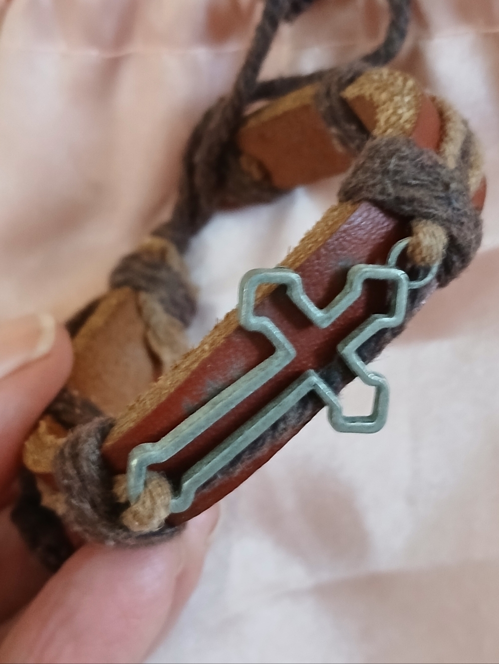 Leather Cord Pewter Cross Bracelet Wrap Tie